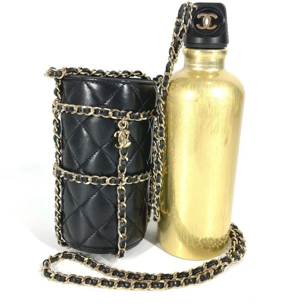 CHANEL AS1324 Crossbody Water Bottle Shoulder Bag Leather Black/Gold